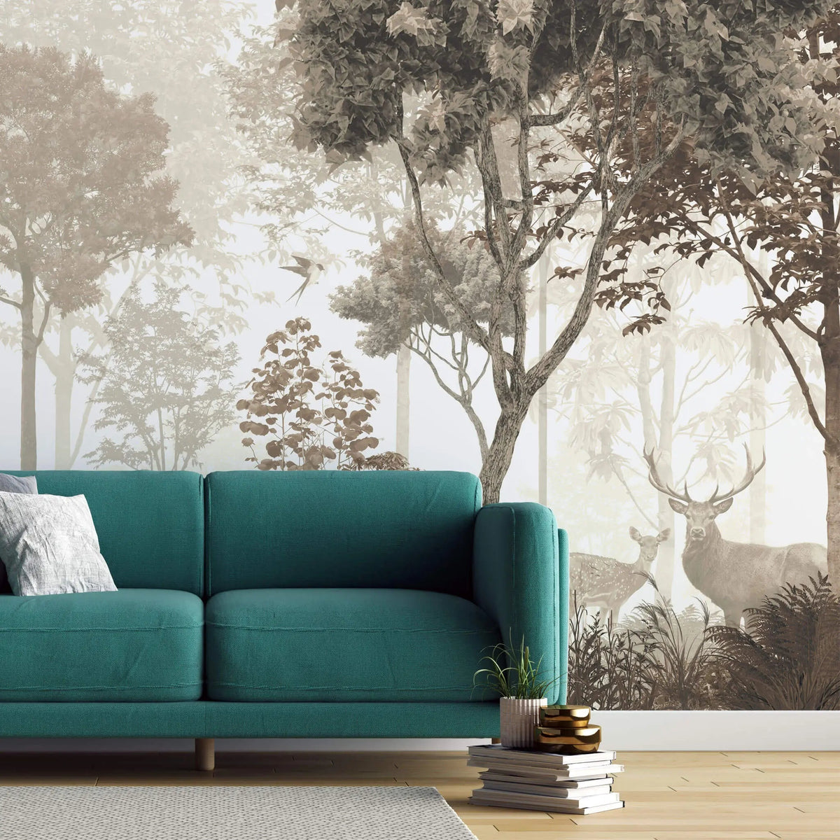 Tapet personalizat forest cu reni si caprioare in padure in nuante sepia reindeer forest