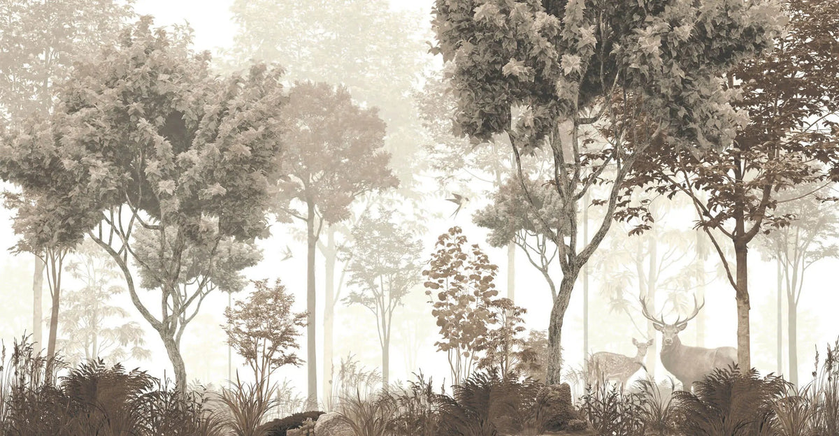 Tapet personalizat forest cu reni si caprioare in padure in nuante sepia reindeer forest