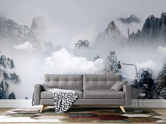 Tapet personalizat forest cu munti inzapeziti aflati in ceata foggy mountains