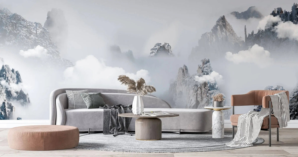 Tapet personalizat forest cu munti inzapeziti aflati in ceata foggy mountains