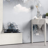 Tapet personalizat forest cu munti inzapeziti aflati in ceata foggy mountains