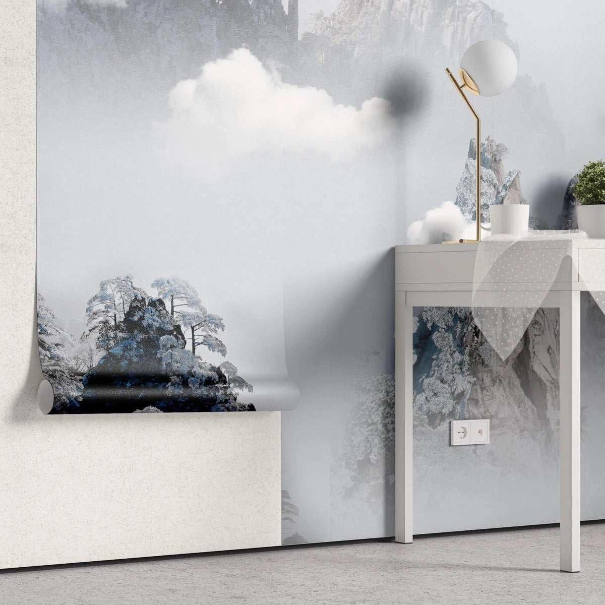 Tapet personalizat forest cu munti inzapeziti aflati in ceata foggy mountains