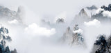 Tapet personalizat forest cu munti inzapeziti aflati in ceata foggy mountains