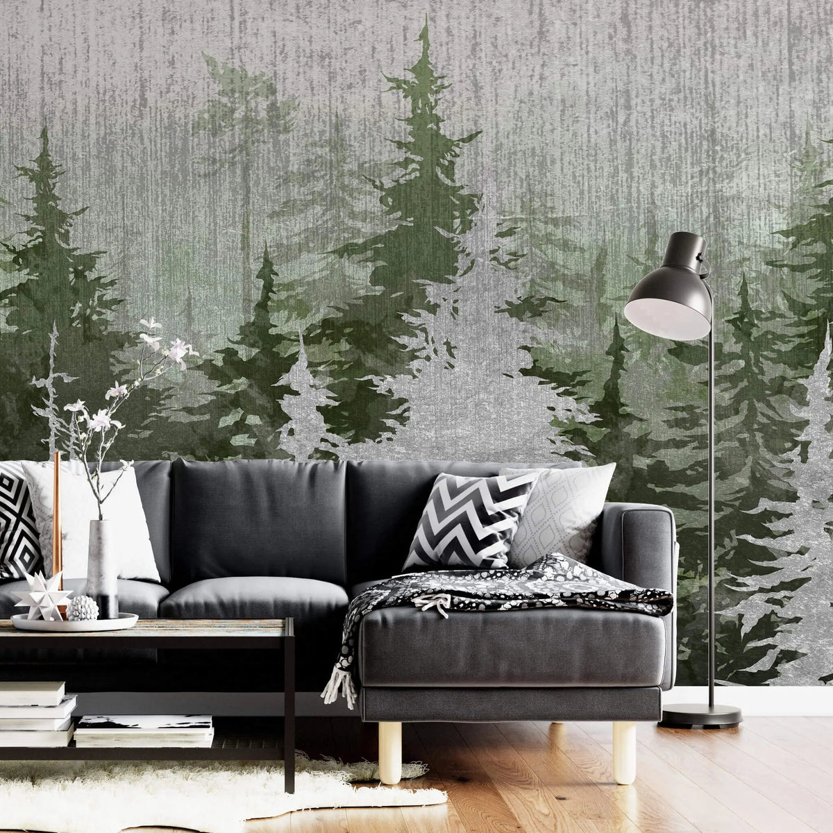Tapet personalizat forest cu brazi verzi si argintii silver green pine