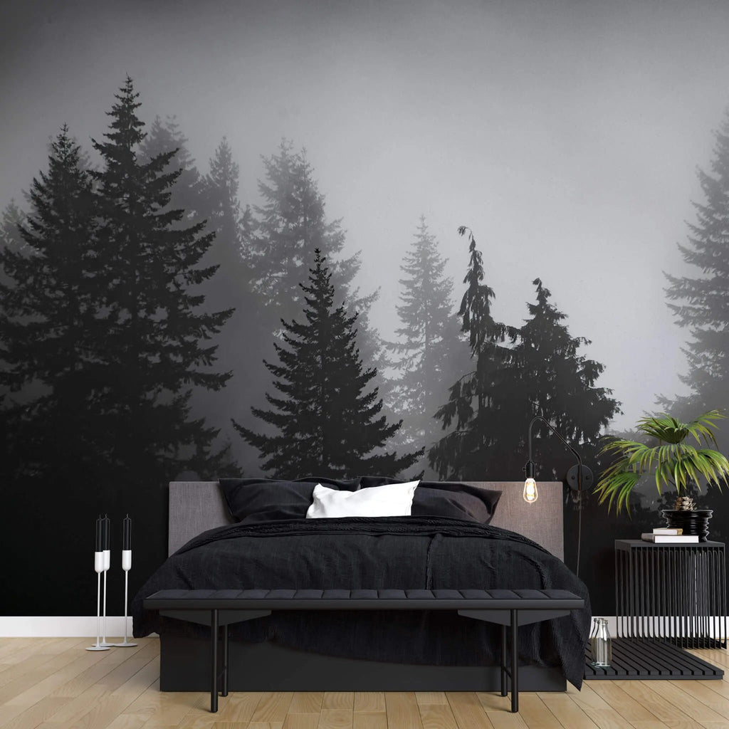 Tapet personalizat forest alb negru cu padure de brazi in ceata spooky forest