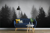 Tapet personalizat forest alb negru cu padure de brazi in ceata spooky forest