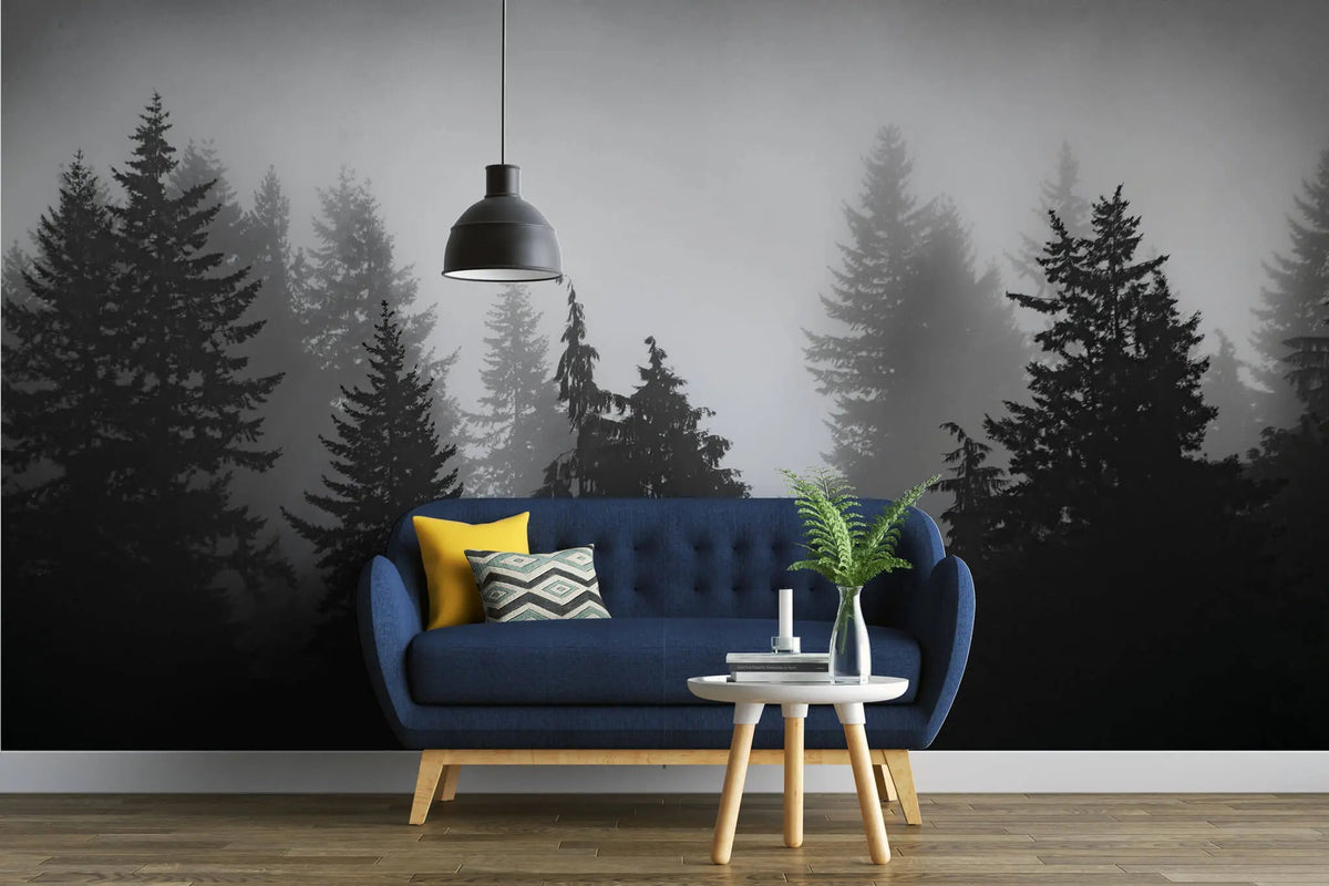 Tapet personalizat forest alb negru cu padure de brazi in ceata spooky forest