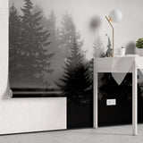Tapet personalizat forest alb negru cu padure de brazi in ceata spooky forest