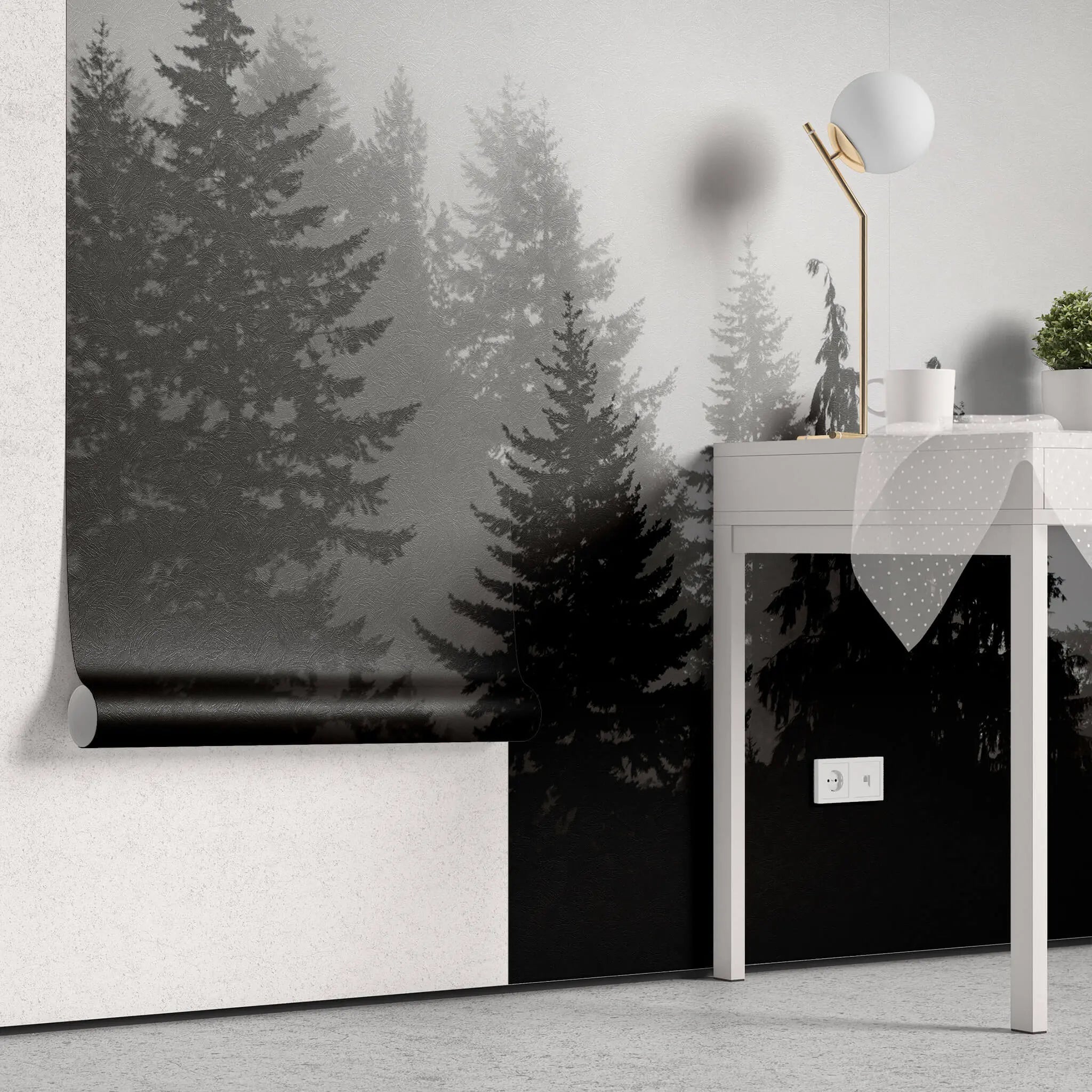 Tapet personalizat forest alb negru cu padure de brazi in ceata spooky forest
