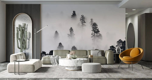 Tapet personalizat forest cu ceata densa alba white fog