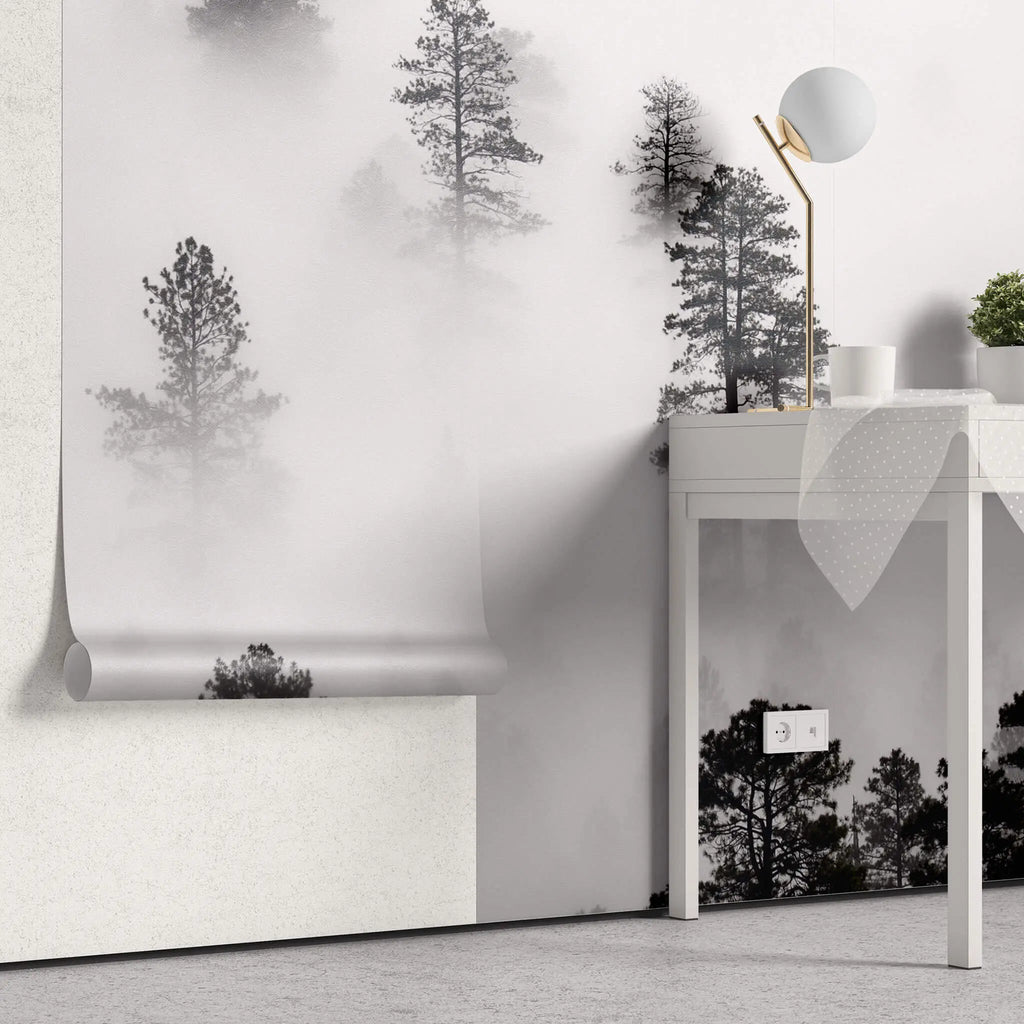Tapet personalizat forest cu ceata densa alba white fog