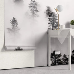 Tapet personalizat forest cu ceata densa alba white fog