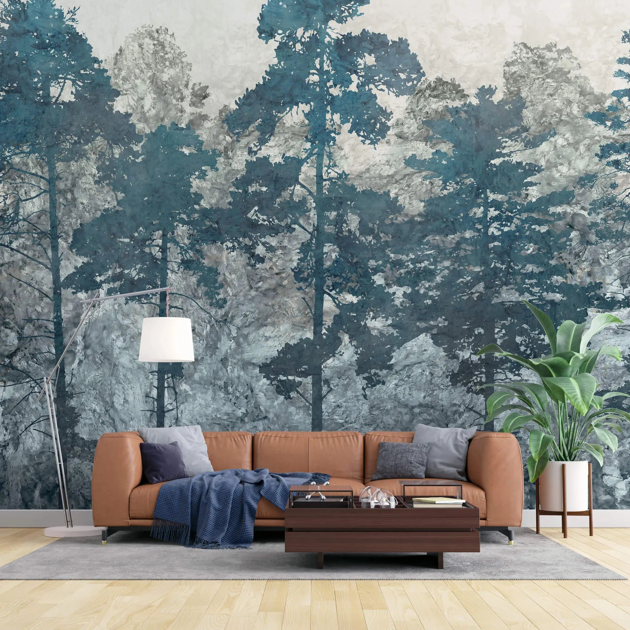 Tapet personalizat forest cu copaci in tonuri de albastru blue forest
