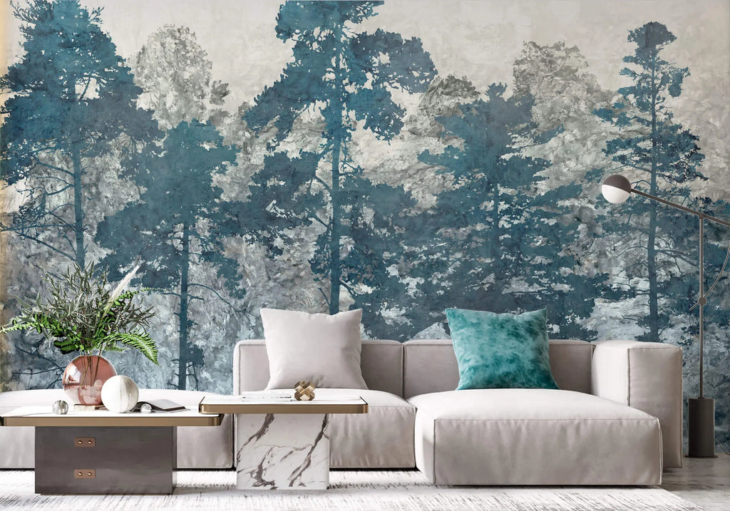 Tapet personalizat forest cu copaci in tonuri de albastru blue forest