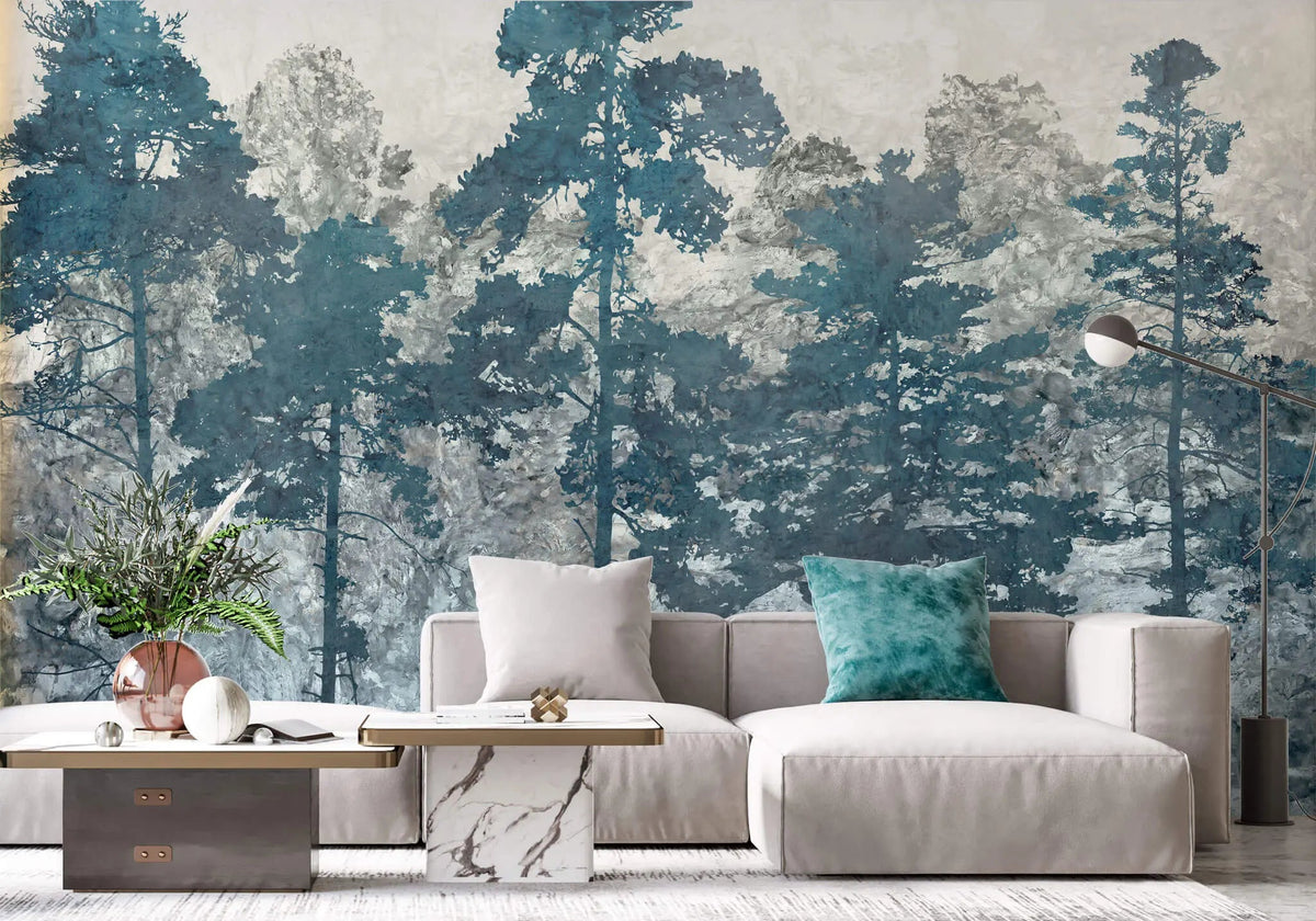 Tapet personalizat forest cu copaci in tonuri de albastru blue forest