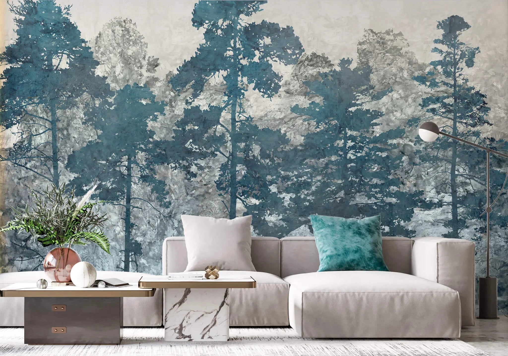 Tapet personalizat forest cu copaci in tonuri de albastru blue forest