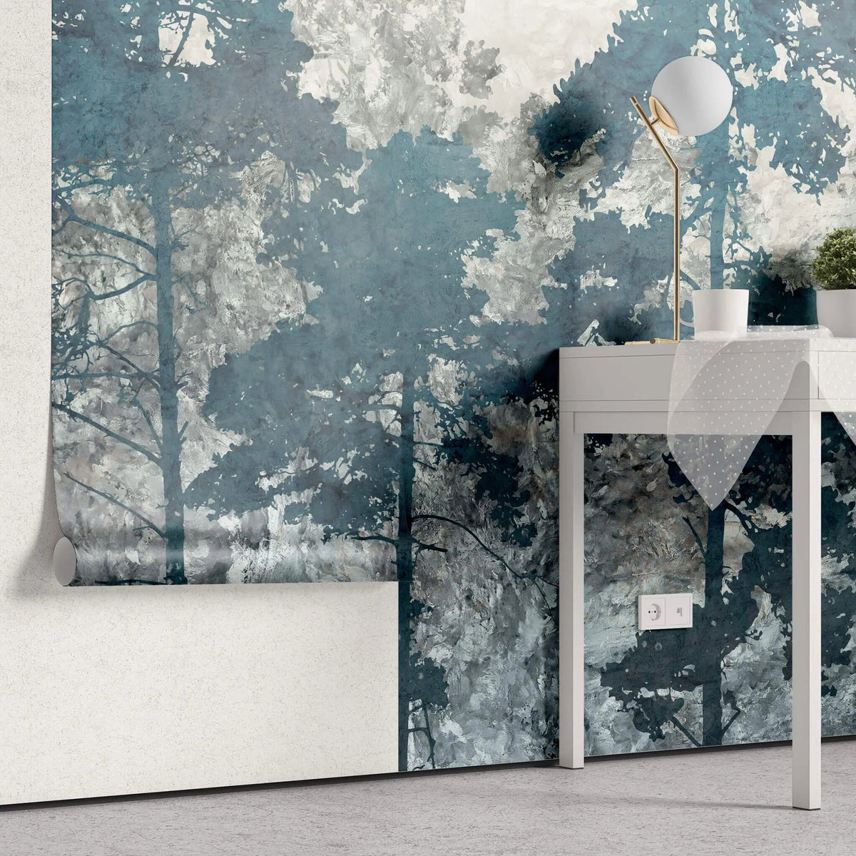 Tapet personalizat forest cu copaci in tonuri de albastru blue forest