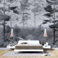 Tapet personalizat forest cu padure in ceata si randunici spooky swallow