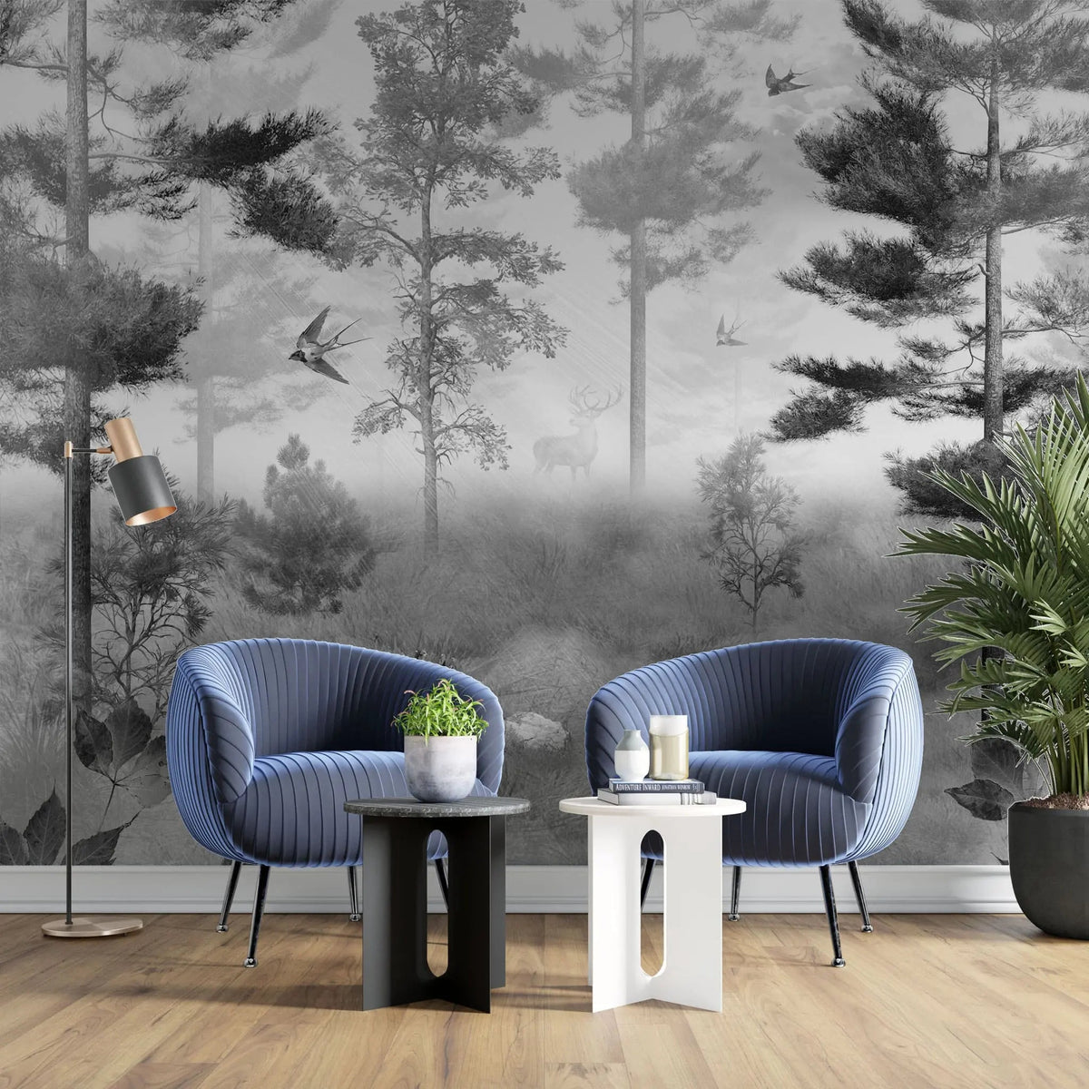 Tapet personalizat forest cu padure in ceata si randunici spooky swallow