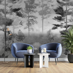 Tapet personalizat forest cu padure in ceata si randunici spooky swallow