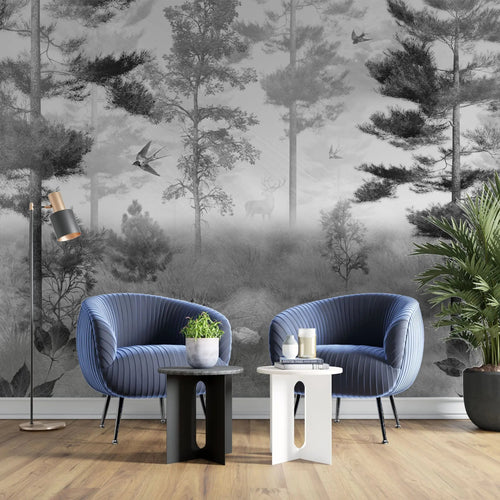 Tapet personalizat forest cu padure in ceata si randunici spooky swallow