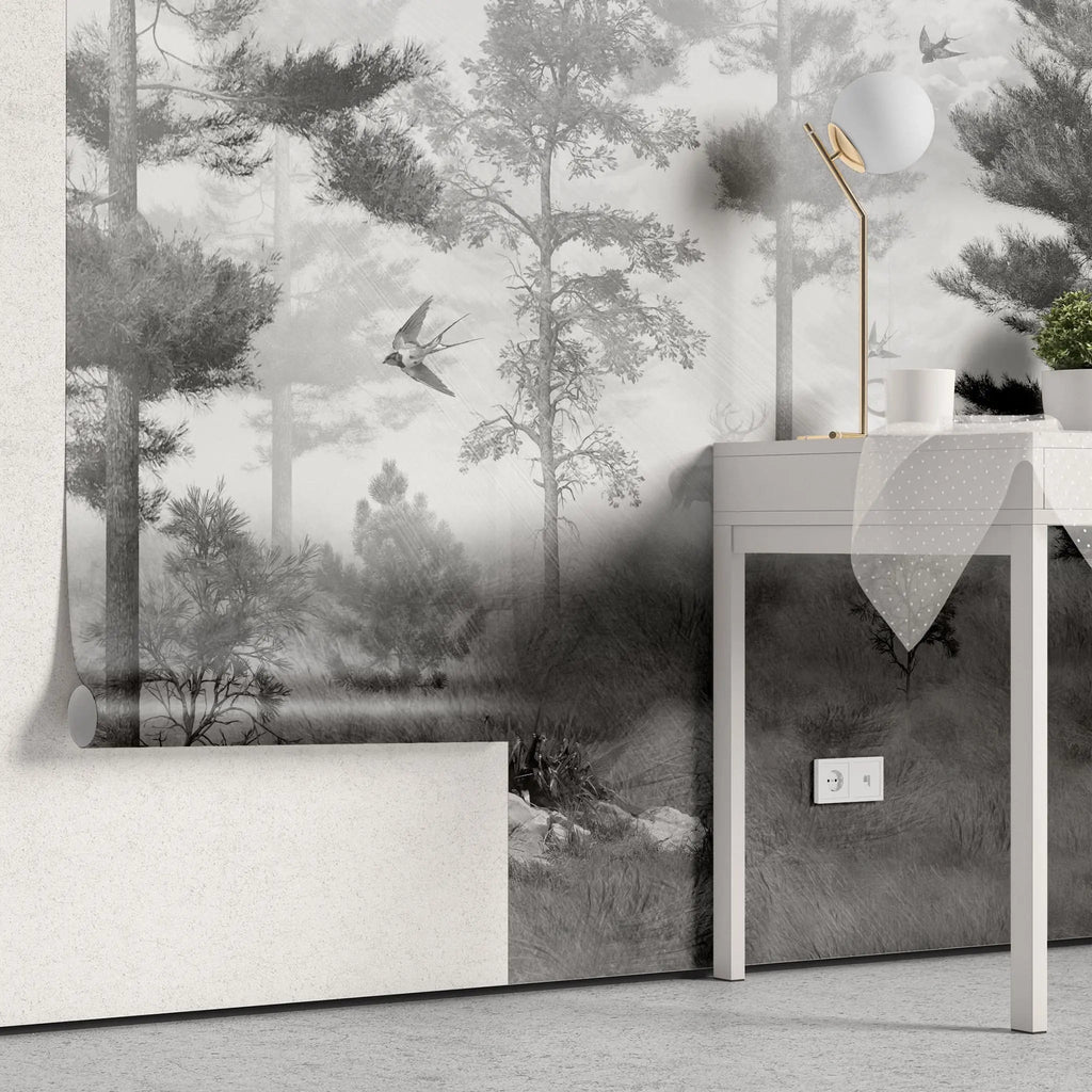 Tapet personalizat forest cu padure in ceata si randunici spooky swallow