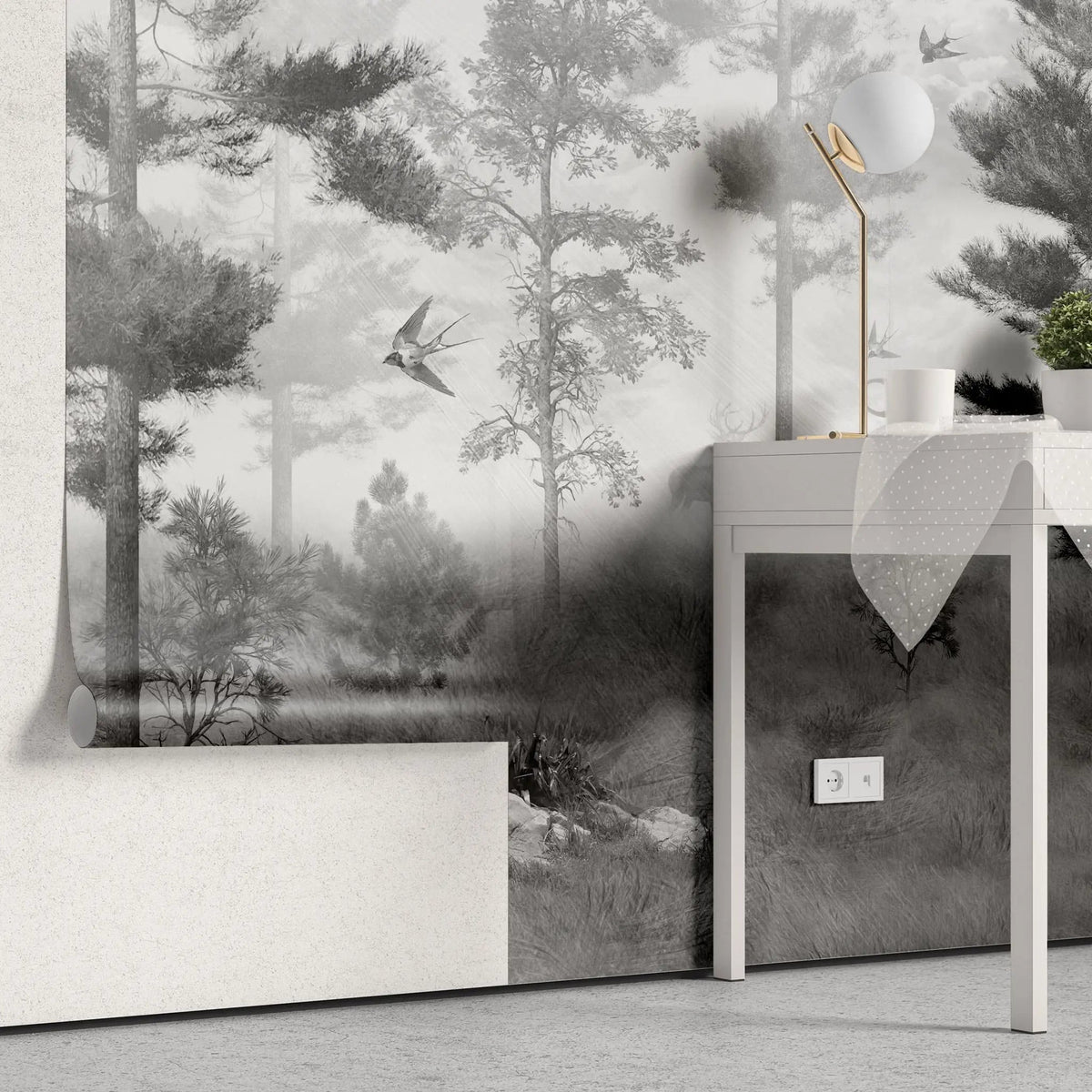 Tapet personalizat forest cu padure in ceata si randunici spooky swallow