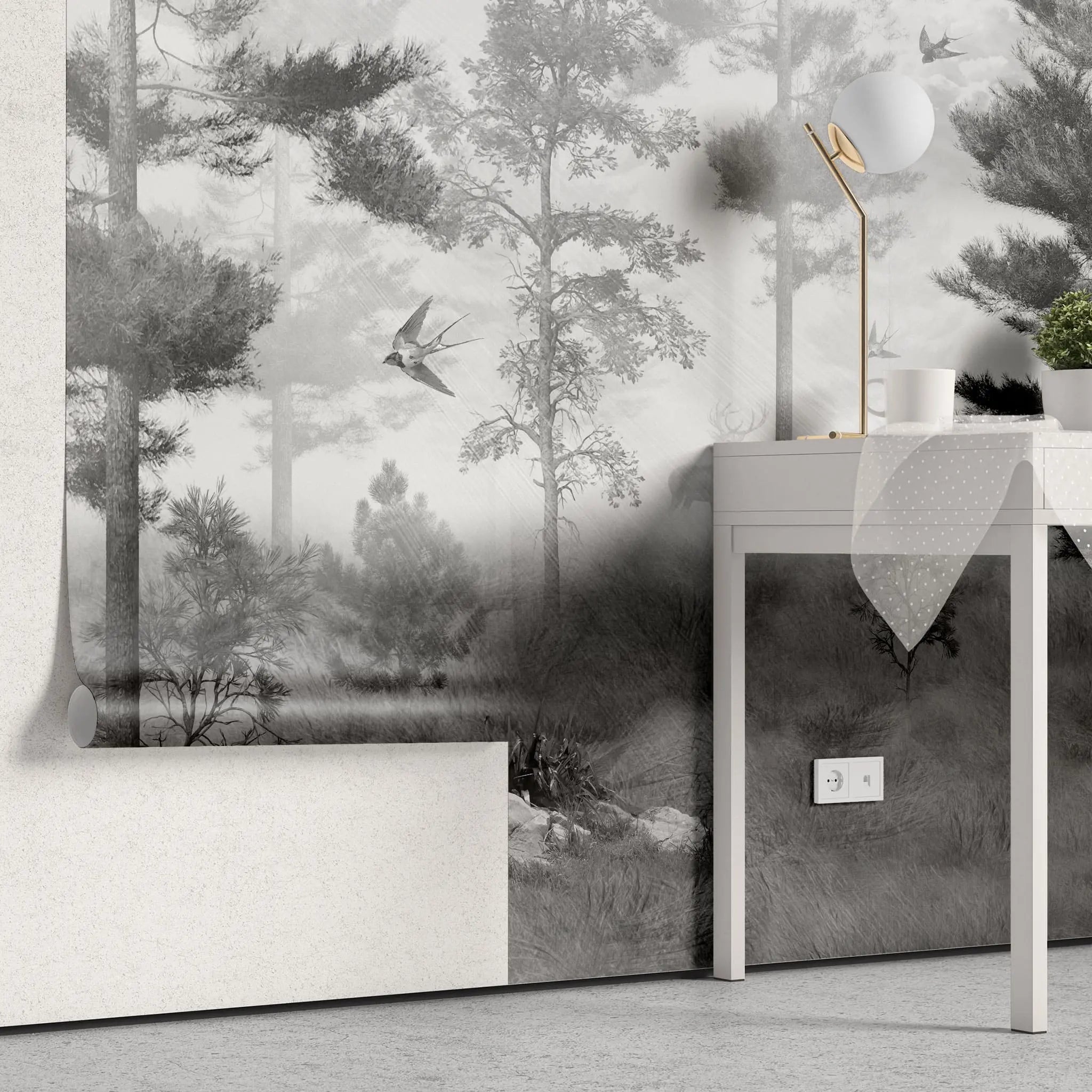 Tapet personalizat forest cu padure in ceata si randunici spooky swallow