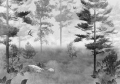 Tapet personalizat forest cu padure in ceata si randunici spooky swallow
