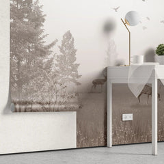 Tapet personalizat forest cu padure in ceata si cerbi dusted deer