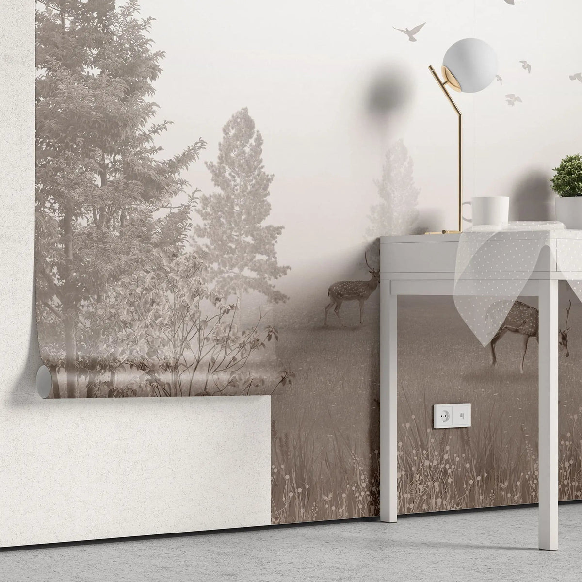 Tapet personalizat forest cu padure in ceata si cerbi dusted deer