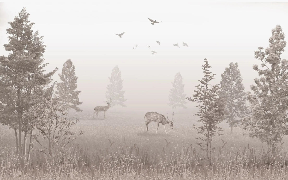 Tapet personalizat forest cu padure in ceata si cerbi dusted deer