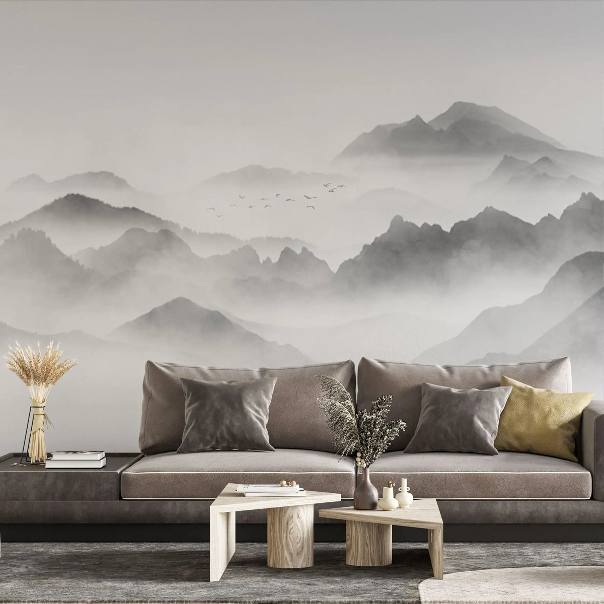 Tapet personalizat forest cu munti si ceata foggy peaks