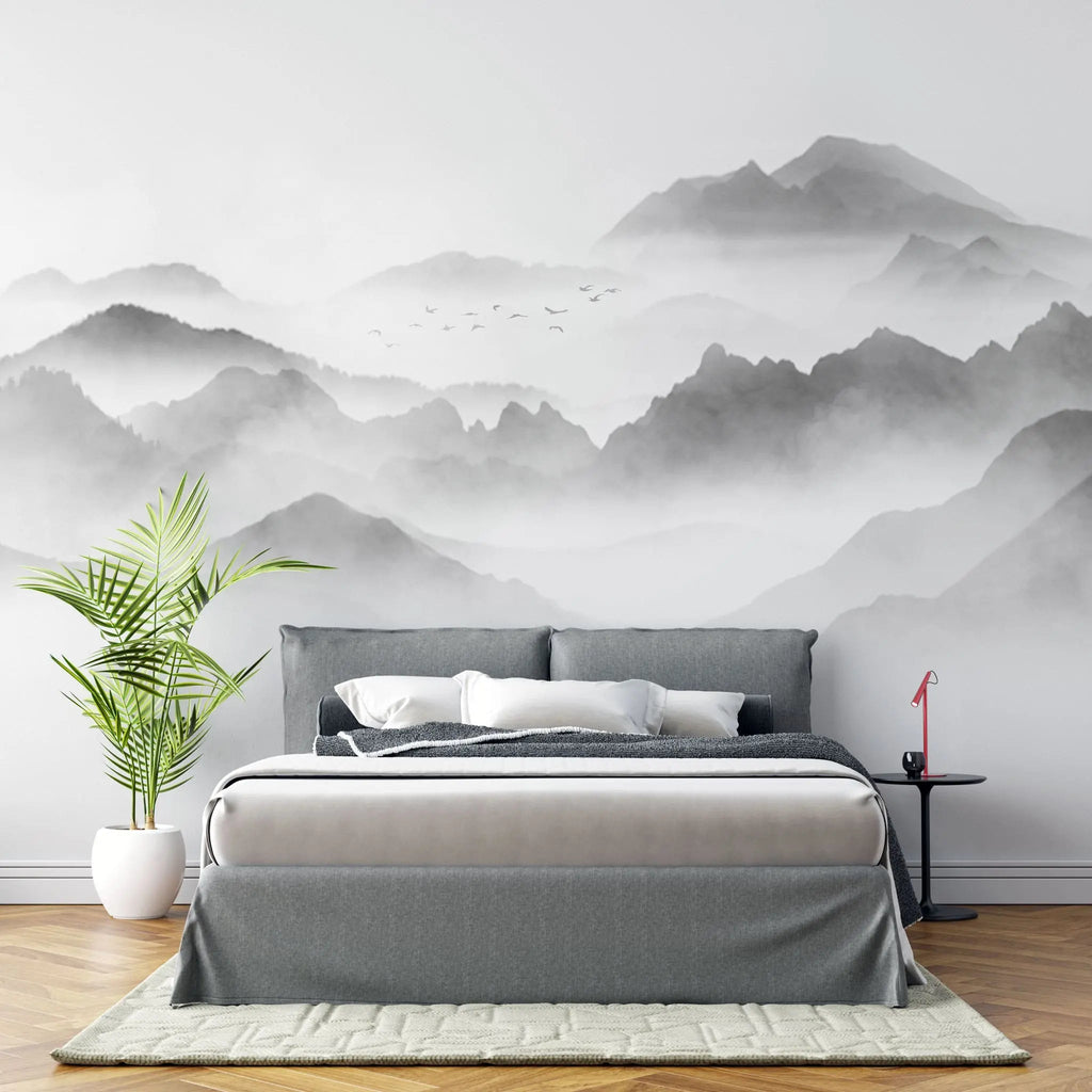 Tapet personalizat forest cu munti si ceata foggy peaks