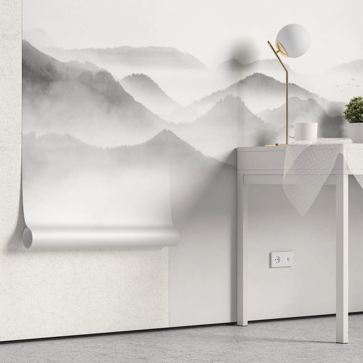 Tapet personalizat forest cu munti si ceata foggy peaks