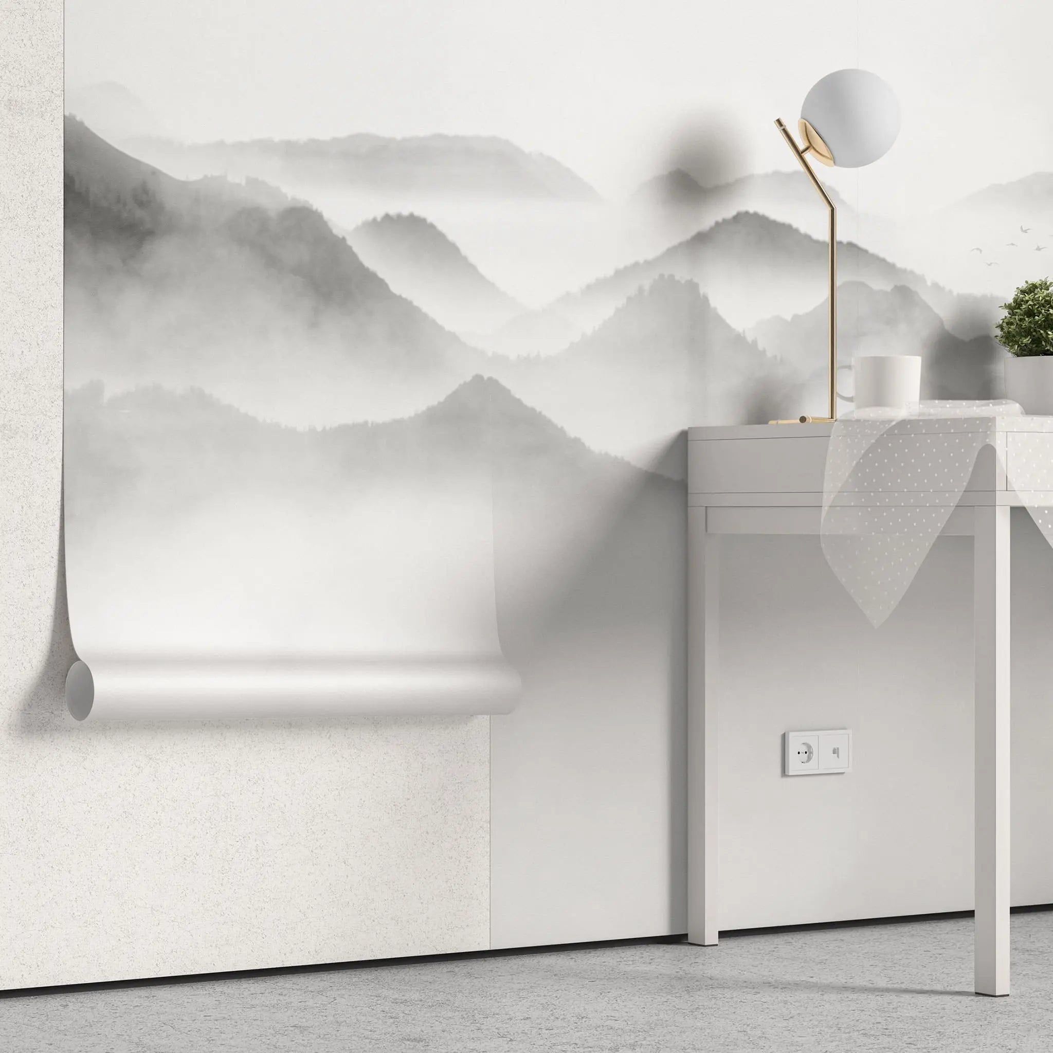 Tapet personalizat forest cu munti si ceata foggy peaks