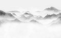 Tapet personalizat forest cu munti si ceata foggy peaks