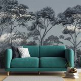 Tapet personalizat forest cu padure de safari si nori in nuante de albastru bleu blue safari