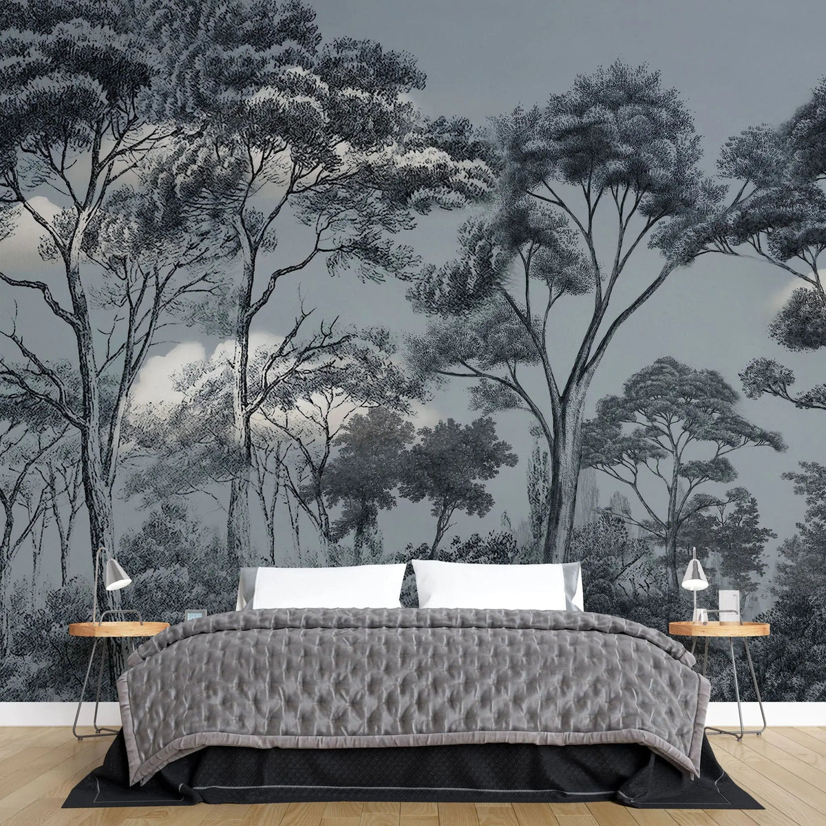 Tapet personalizat forest cu padure de safari si nori in nuante de albastru bleu blue safari