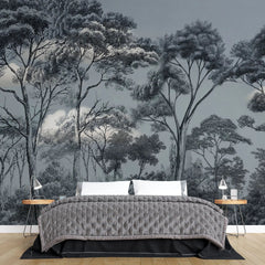 Tapet personalizat forest cu padure de safari si nori in nuante de albastru bleu blue safari