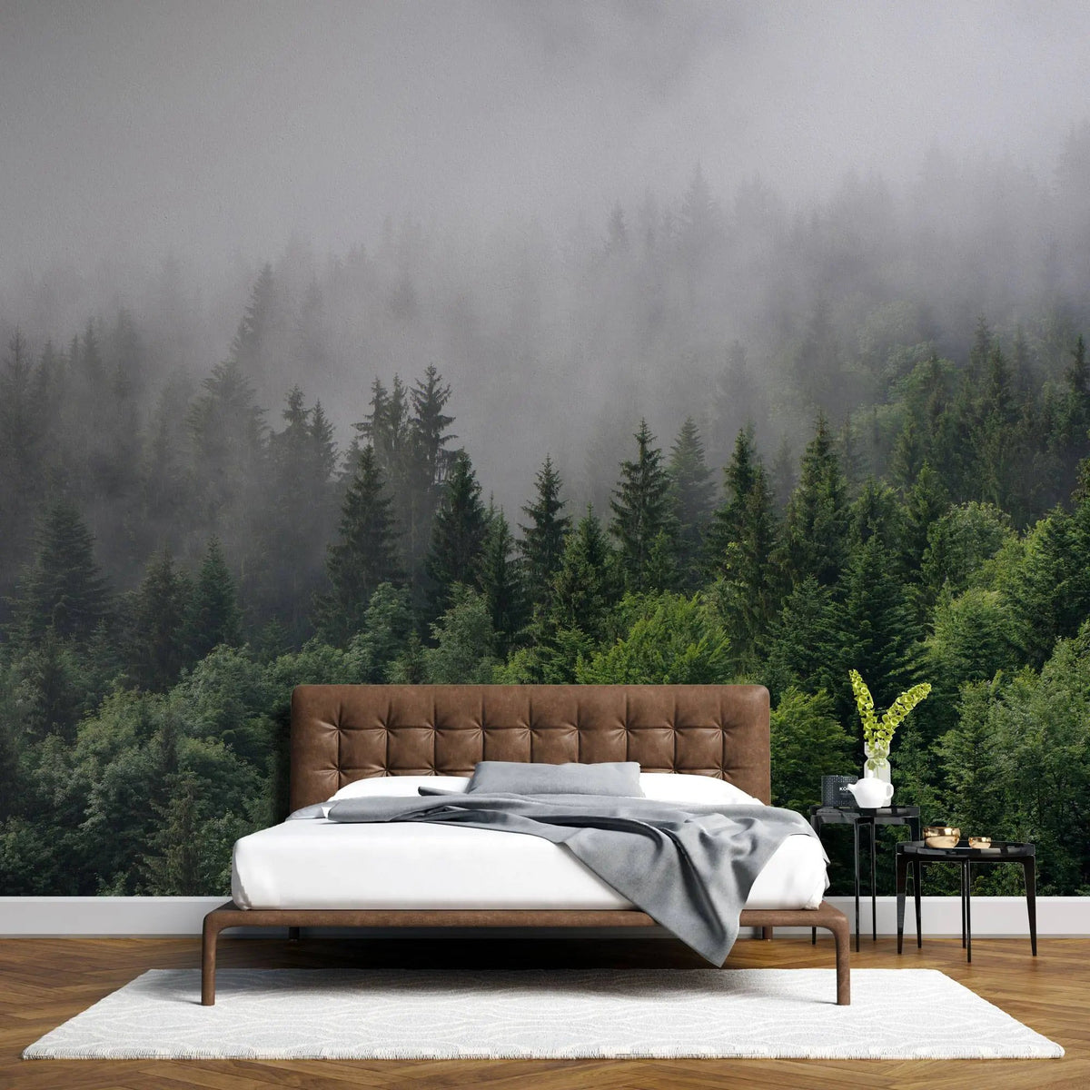 Fotoapet personalizat forest cu padure verde de brazi si pini in ceata foggy pines