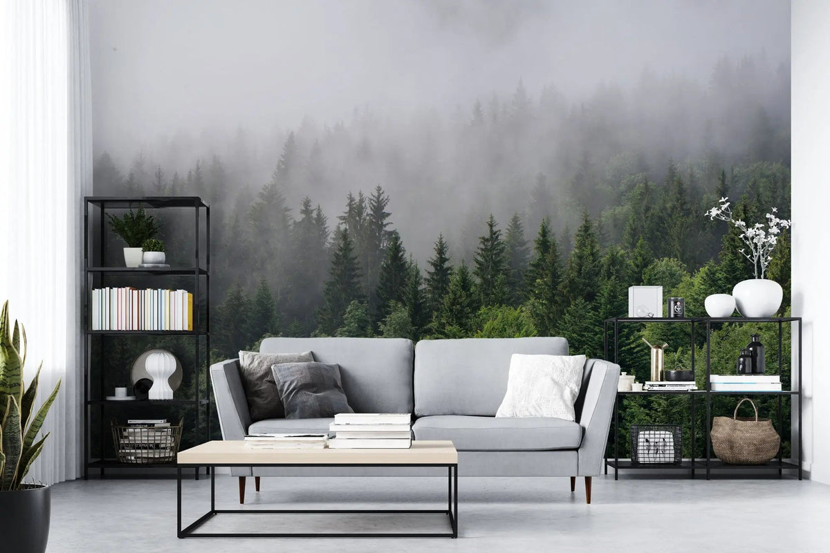 Fotoapet personalizat forest cu padure verde de brazi si pini in ceata foggy pines