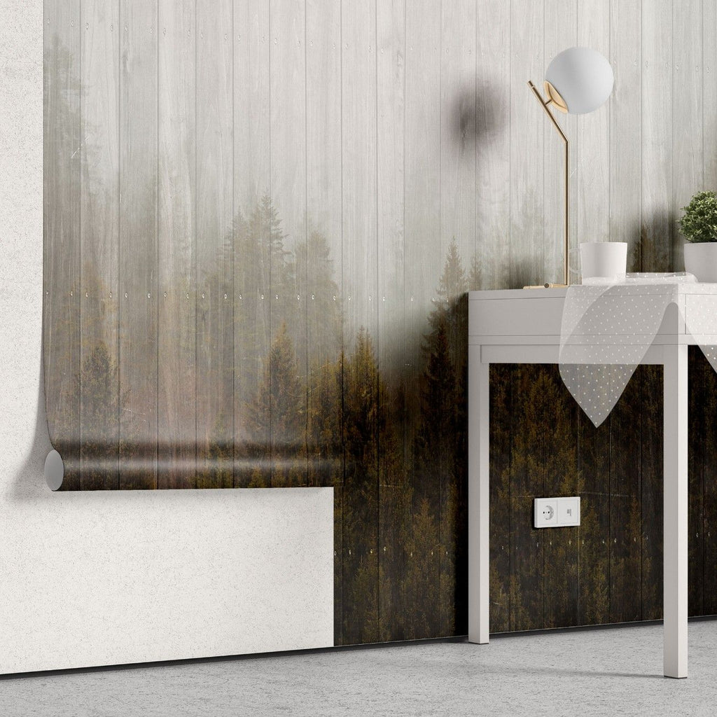 Tapet personalizat forest cu un model de copaci stilizati ce aminteste de textura lemnului oferind un aspect natural si modern wood plank forest