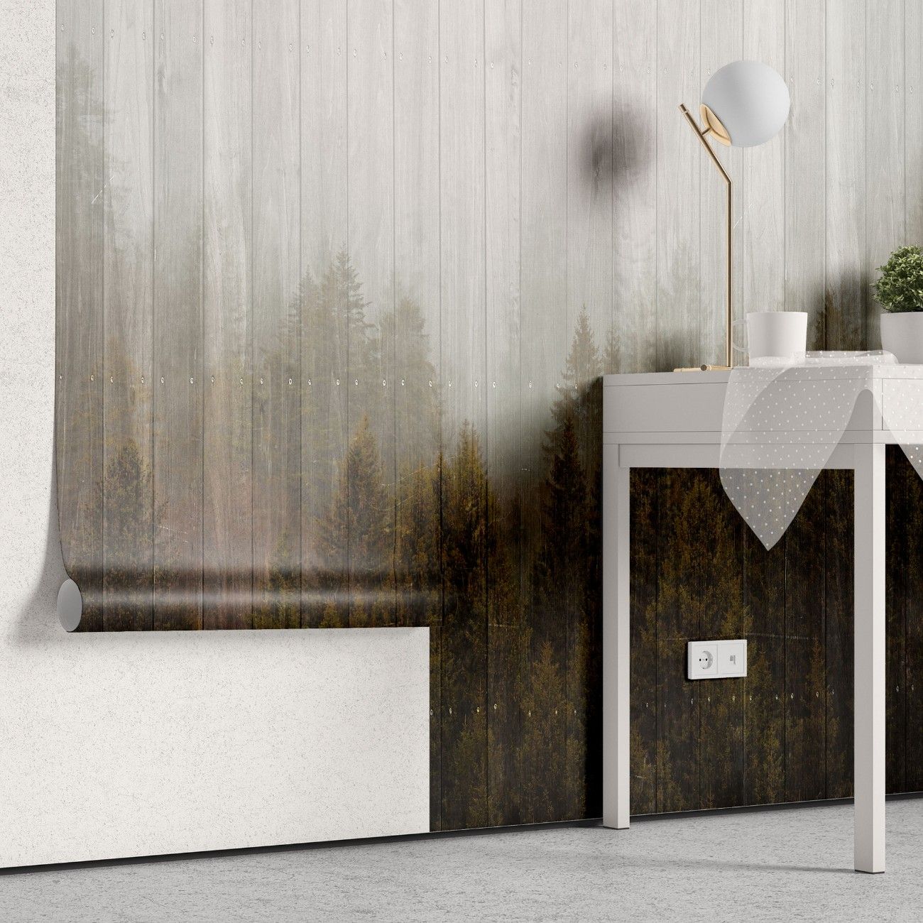 Tapet personalizat forest cu un model de copaci stilizati ce aminteste de textura lemnului oferind un aspect natural si modern wood plank forest