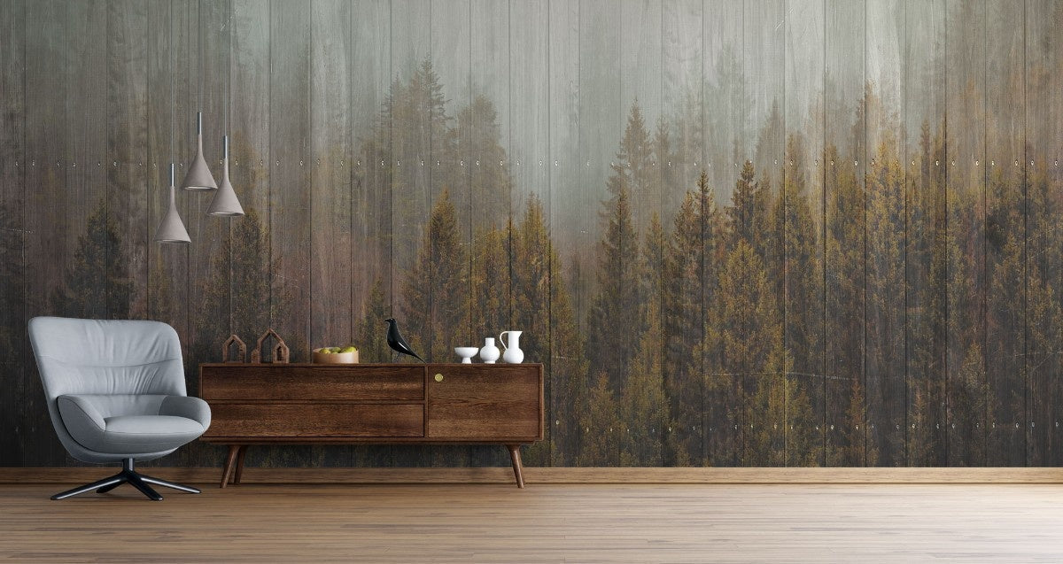 Tapet personalizat forest cu un model de copaci stilizati ce aminteste de textura lemnului oferind un aspect natural si modern wood plank forest