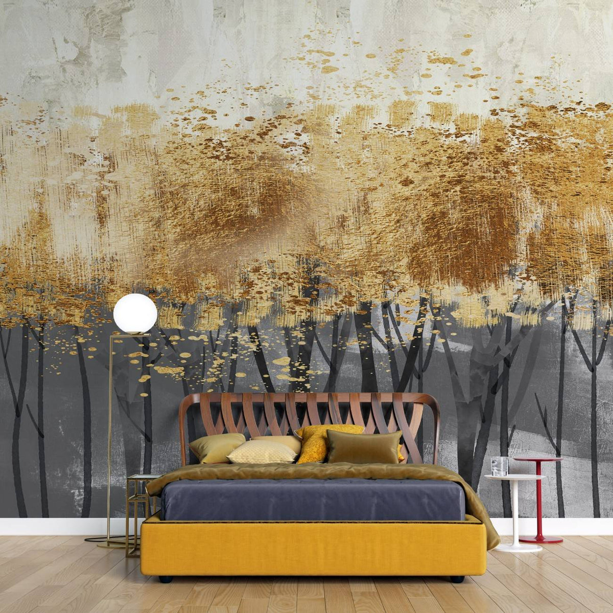 Tapet personalizat forest cu siluete aurii de copaci pe un fundal intunecat aducand o nota de lux si mister golden foil trees
