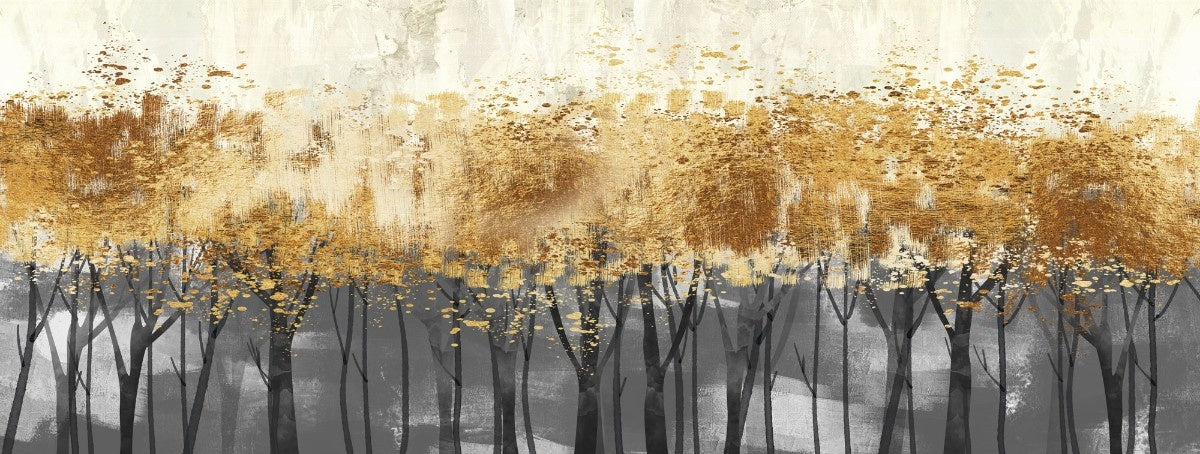 Tapet personalizat forest cu siluete aurii de copaci pe un fundal intunecat aducand o nota de lux si mister golden foil trees