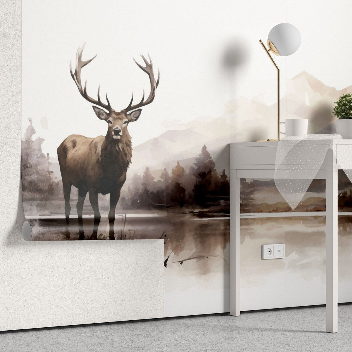 Tapet personalizat forest cu o ilustratie majestuoasa a unui elan intr un peisaj montan impadurit creand o atmosfera salbatica si impresionanta mountain moose