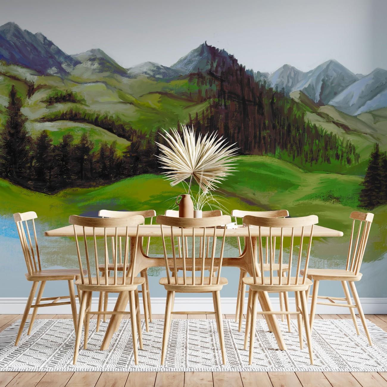 Tapet personalizat forest cu un peisaj montan si impadurit cu forme abstracte evocand linistea si grandoarea naturii highland