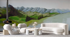 Tapet personalizat forest cu un peisaj montan si impadurit cu forme abstracte evocand linistea si grandoarea naturii highland